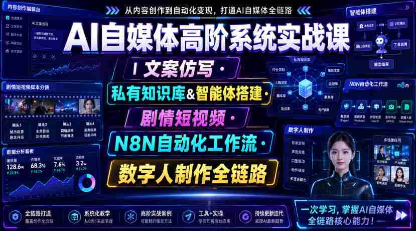 AI自媒体高阶系统实战课｜文案仿写・私有知识库&智能体搭建・剧情短视频・N8N自动化工作流・数字人制作全链路-造富网