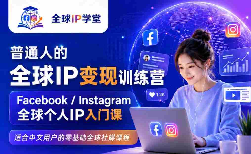 普通人的全球IP变现训练营，Facebook/Instagram全球个人IP入门课，零基础全球社媒课程-造富网