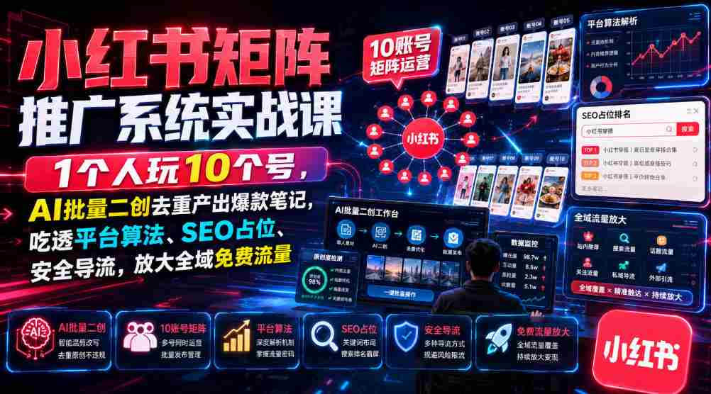 小红书矩阵推广系统实战课|1个人玩10个号,AI批量二创去重产出爆款笔记,吃透平台算法、SEO占位、安全导流,放大全域免费流量-造富网