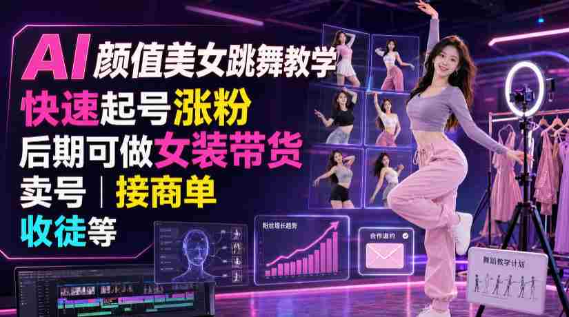 AI颜值美女跳舞教学,快速起号涨粉,后期可做女装带货,卖号,接商单,收徒等-造富网