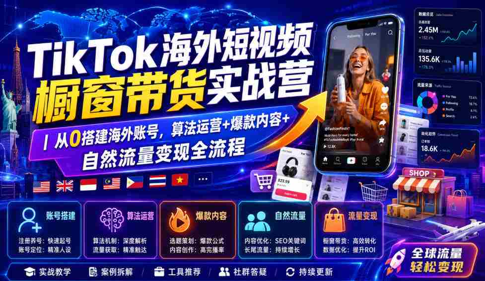 TikTok海外短视频橱窗带货实战营|从0搭建海外账号,算法运营+爆款内容+自然流量变现全流程-造富网