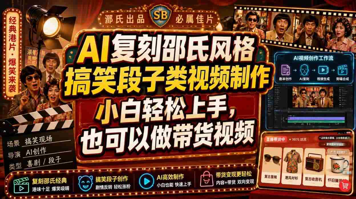 AI复刻邵氏风格搞笑段子类视频制作，小白轻松上手，也可以做带货视频-造富网