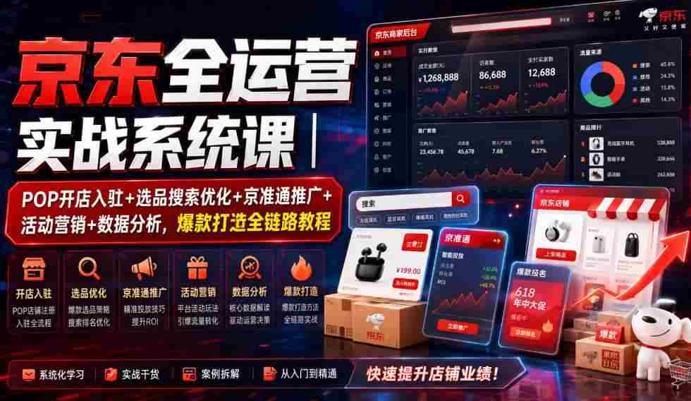 京东全运营实战系统课|POP开店入驻+选品搜索优化+京准通推广+活动营销+数据分析,爆款打造全链路教程-造富网