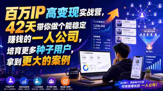 百万IP高变现实战营,42天带你做个能稳定賺钱的一人公司,培育更多种子用户,拿到更大的案例-造富网