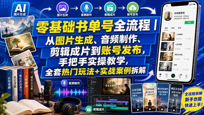 零基础书单号全流程|从图片生成、音频制作、剪辑成片到账号发布,手把手实操教学,全套热门玩法+实战案例拆解-造富网