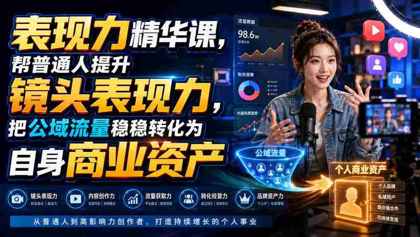 表现力精华课，帮普通人提升镜头表现力，把公域流量稳稳转化为自身商业资产-造富网