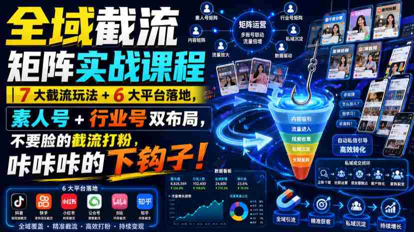 全域截流矩阵实战课程|7大截流玩法+6大平台落地,素人号+行业号双布局,不要脸的截流打粉,咔咔咔的下钩子!-造富网