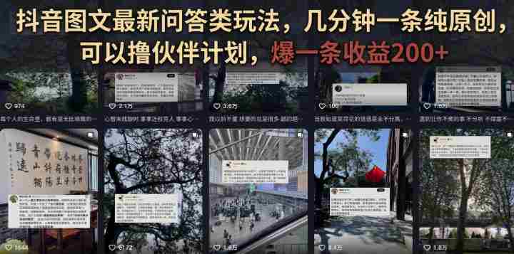 抖音图文最新问答类玩法,几分钟一条纯原创,可以撸伙伴计划,爆一条收益200+-造富网