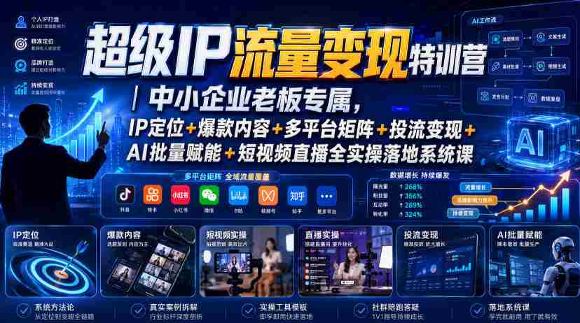 超级IP流量变现特训营｜中小企业老板专属，IP定位+爆款内容+多平台矩阵+投流变现+AI批量赋能+短视频直播全实操落地系统课-造富网