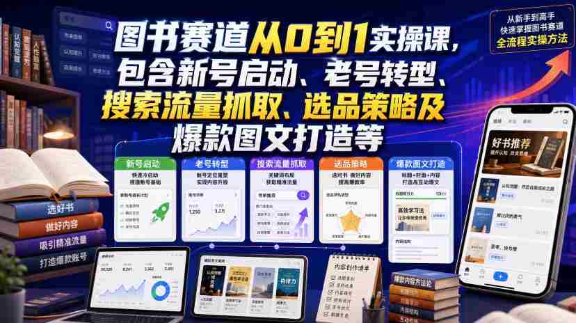图书赛道从0到1实操课,包含新号启动、老号转型、搜索流量抓取、选品策略及爆款图文打造等-造富网