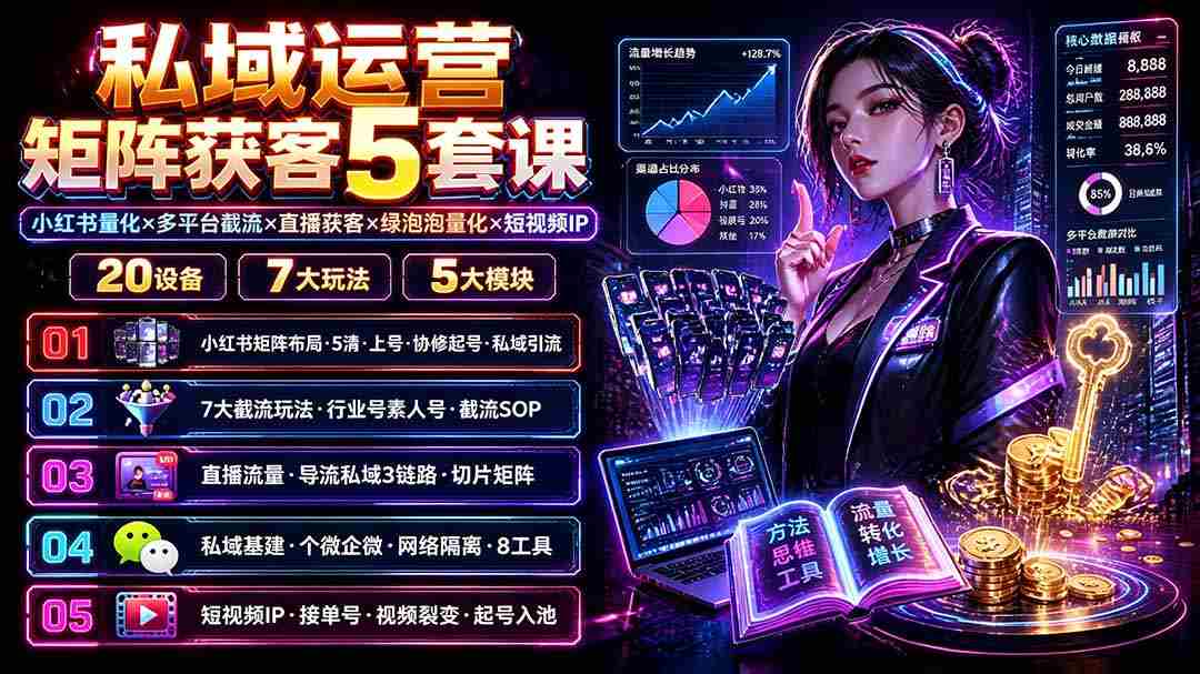 （19617期）私域运营矩阵获客5套课：小红书量化×多平台截流×直播获客×绿泡泡量化×短视频IP×20设备×7大玩法-造富网
