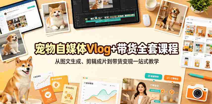 宠物自媒体Vlog+带货全套课程|从图文生成、剪辑成片到带货变现一站式教学-造富网