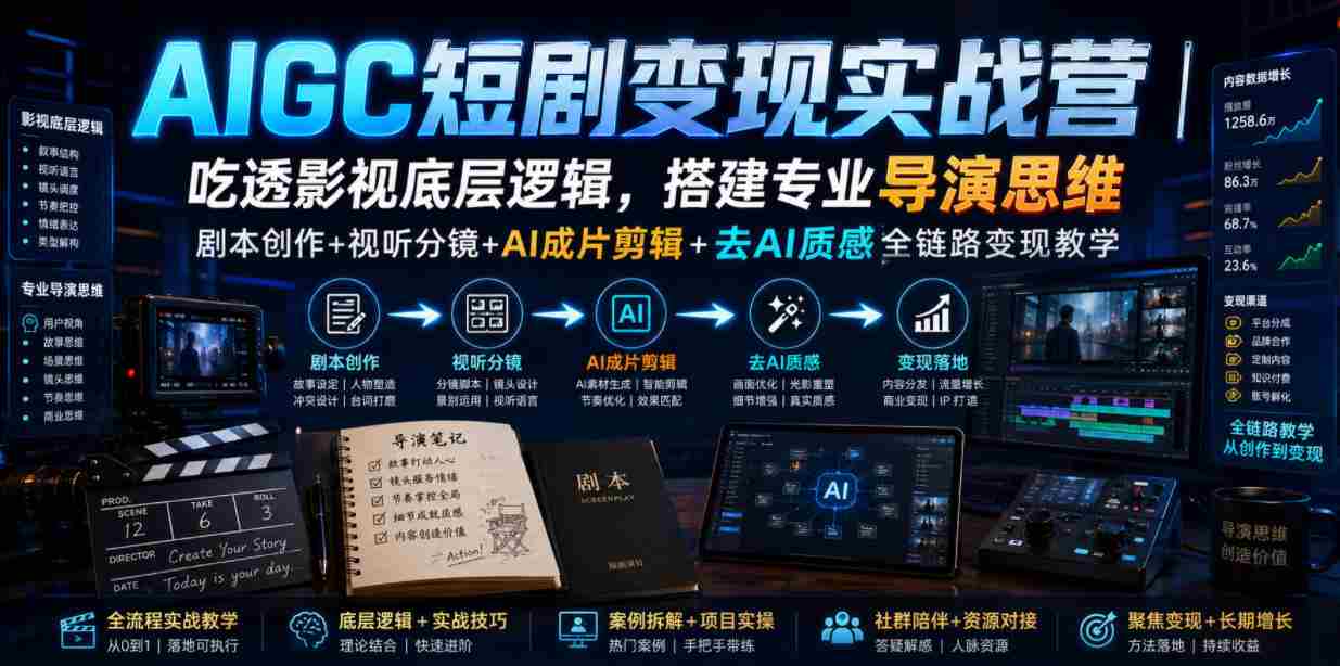 AIGC短剧变现实战营|吃透影视底层逻辑,搭建专业导演思维,剧本创作+视听分镜+AI成片剪辑+去AI质感全链路变现教学-造富网