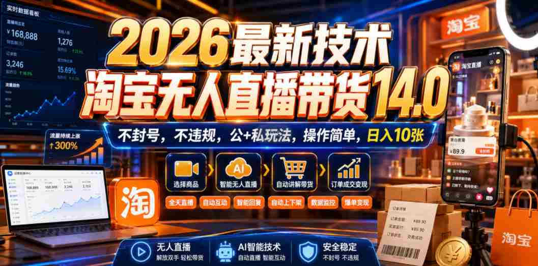 2026最新技术，淘宝无人直播带货14.0，不封号，不违规，公+私玩法，操作简单，日入10张【揭秘】-造富网