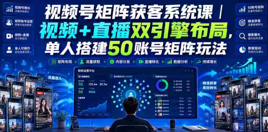 视频号矩阵获客系统课|视频+直播双引擎布局,单人搭建50账号矩阵玩法,流量入池、搜索占位、全域引流沉淀私域全流程教学-造富网