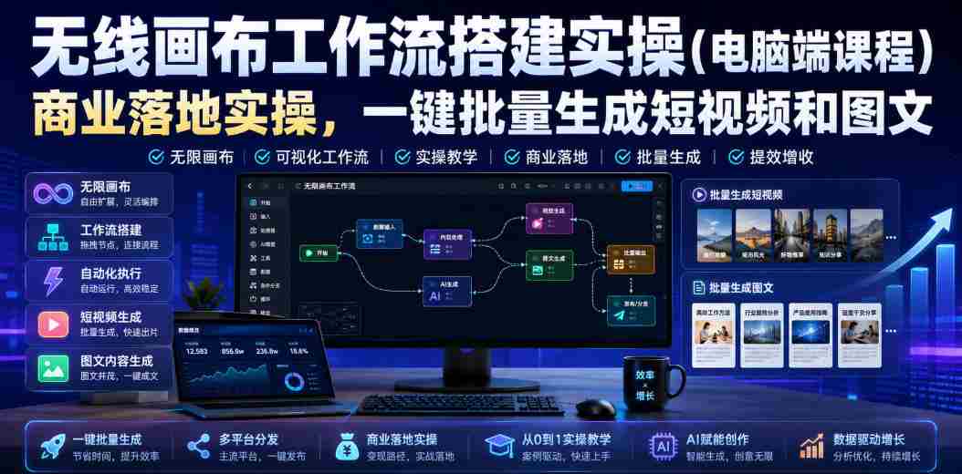 无线画布工作流搭建实操（电脑端课程），商业落地实操，一键批量生成短视频和图文-造富网