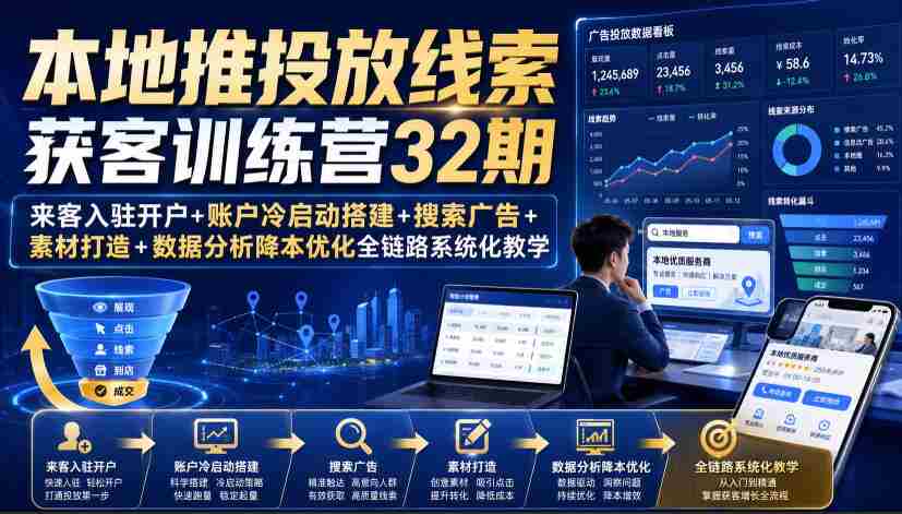 本地推投放线索获客训练营32期|来客入驻开户+账户冷启动搭建+搜索广告+素材打造+数据分析降本优化全链路系统化教学(8月全新课程)-造富网