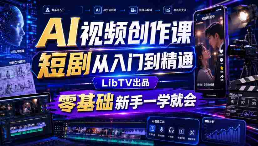 AI视频创作课,短剧从入门到精通,LibTV出品,零基础新手一学就会-造富网