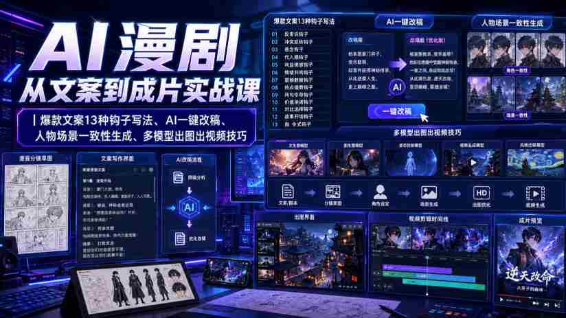 AI漫剧从文案到成片实战课｜爆款文案13种钩子写法、AI一键改稿、人物场景一致性生成、多模型出图出视频技巧-造富网