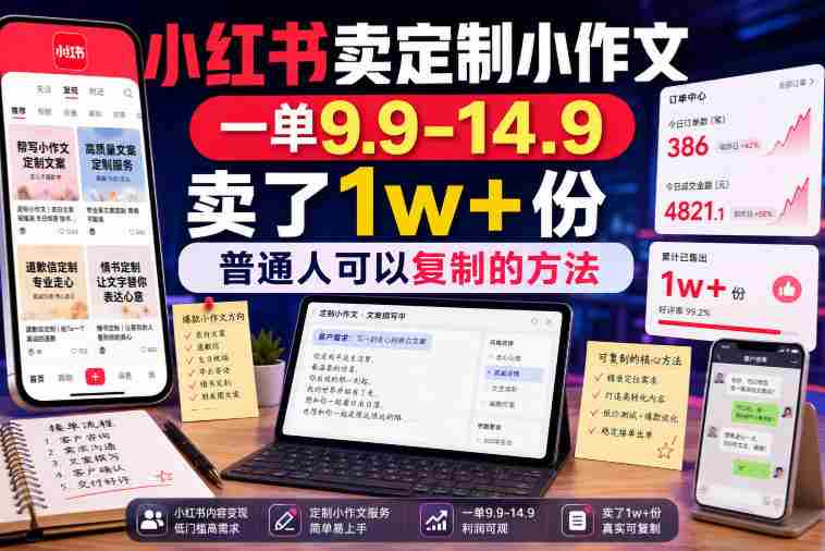 小红书卖定制小作文,一单9.9-14.9,卖了1w+份,普通人可以复制的方法-造富网