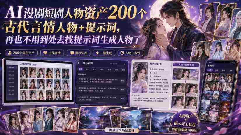 AI漫剧短剧人物资产200个古代言情人物+提示词，再也不用到处去找提示词生成人物了-造富网