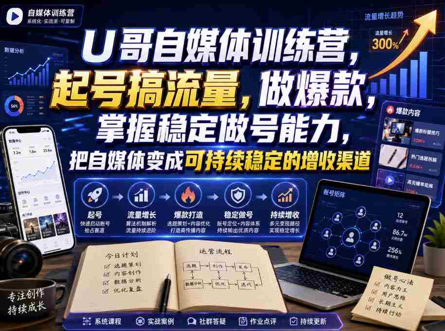 U哥自媒体训练营,起号搞流量,做爆款,掌握稳定做号能力,把自媒体变成可持续稳定的增收渠道-造富网