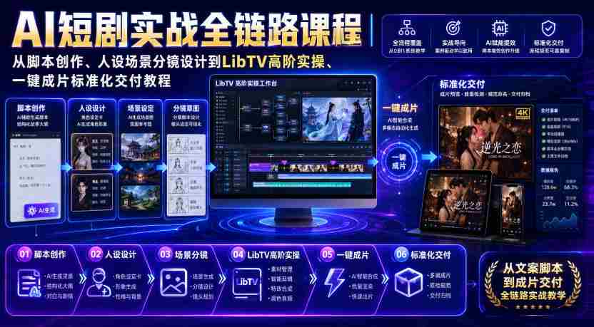 AI短剧实战全链路课程｜从脚本创作、人设场景分镜设计到LibTV高阶实操、一键成片标准化交付教程-造富网