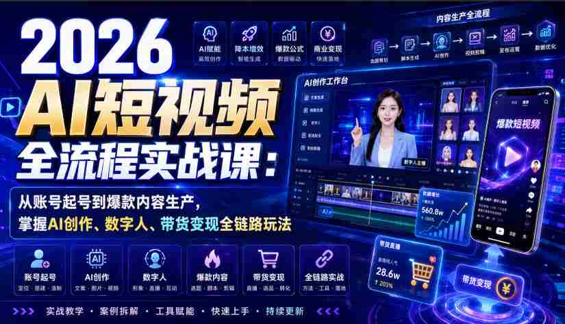 2026 AI短视频全流程实战课:从账号起号到爆款内容生产,掌握AI创作、数字人、带货变现全链路玩法-造富网
