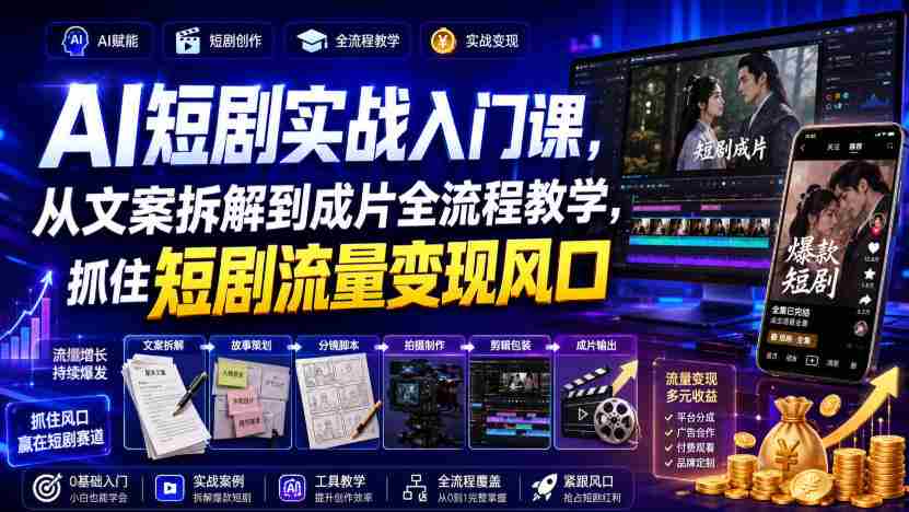 AI短剧实战入门课,从文案拆解到成片全流程教学,抓住短剧流量变现风口-造富网