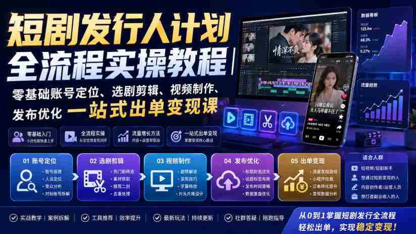 短剧发行人计划全流程实操教程|零基础账号定位、选剧剪辑、视频制作、发布优化一站式出单变现课-造富网