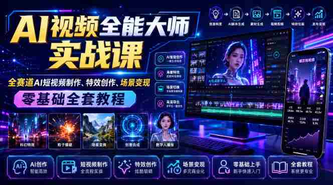 AI视频全能大师实战课|全赛道AI短视频制作、特效创作、场景变现零基础全套教程-造富网