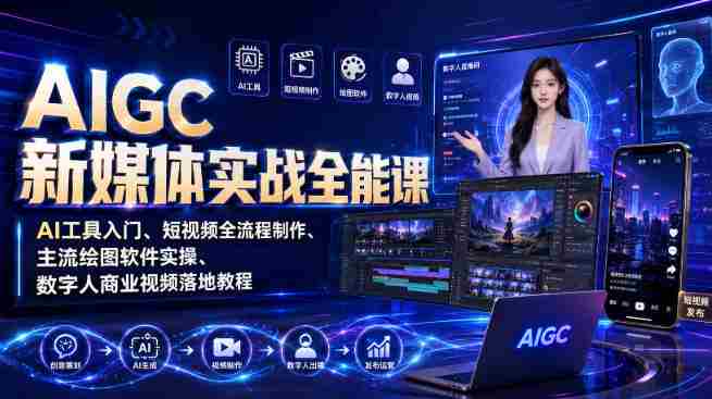 AIGC新媒体实战全能课|AI工具入门、短视频全流程制作、主流绘图软件实操、数字人商业视频落地教程-造富网