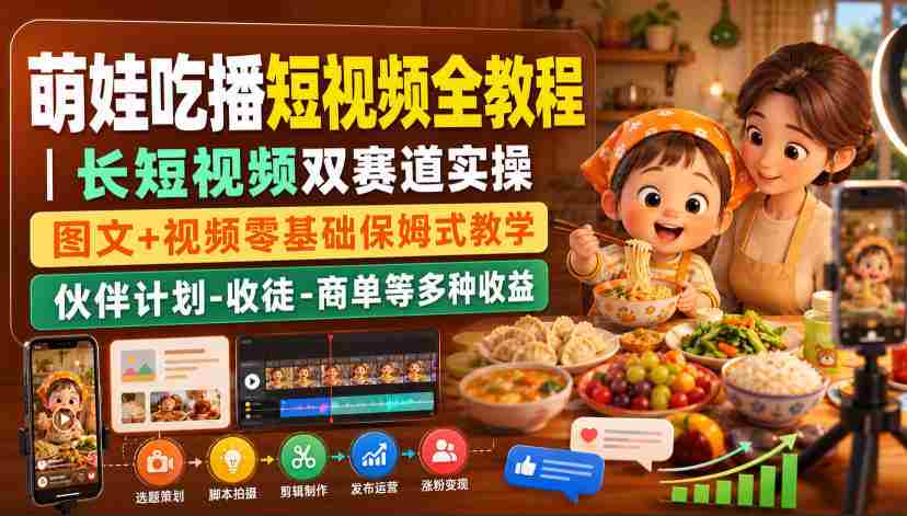 萌娃吃播短视频全教程|长短视频双赛道实操,图文+视频零基础保姆式教学,伙伴计划-收徒-商单等多种变现方式-造富网