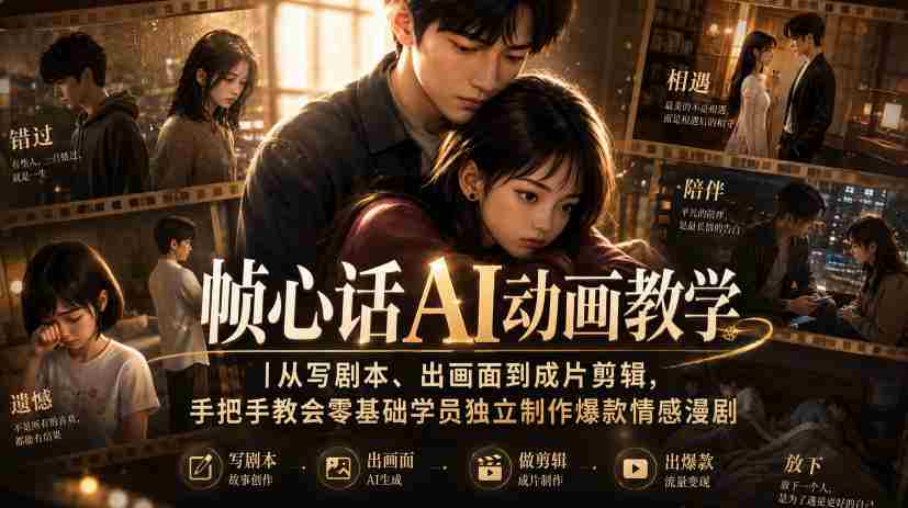 帧心话AI动画教学｜从写剧本、出画面到成片剪辑，手把手教会零基础学员独立制作爆款情感漫剧-造富网