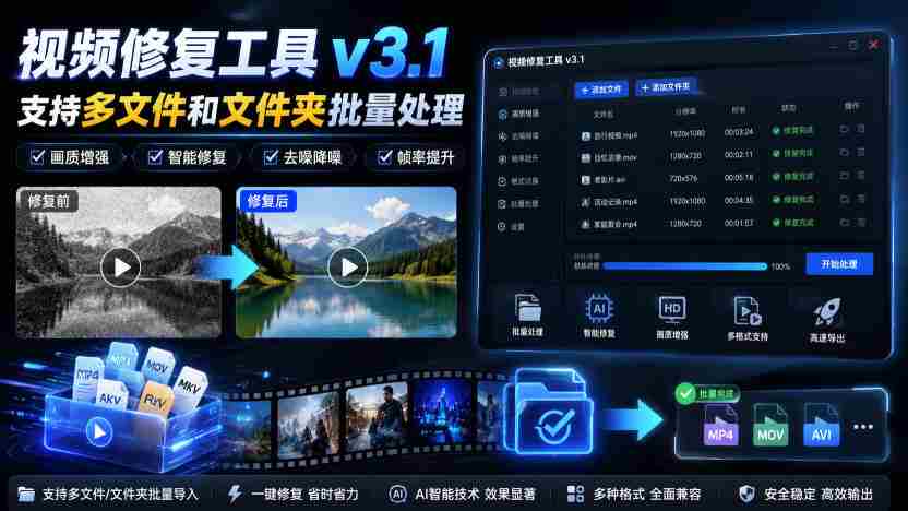 视频修复工具v3.1,支持多文件和文件夹批量处理-造富网