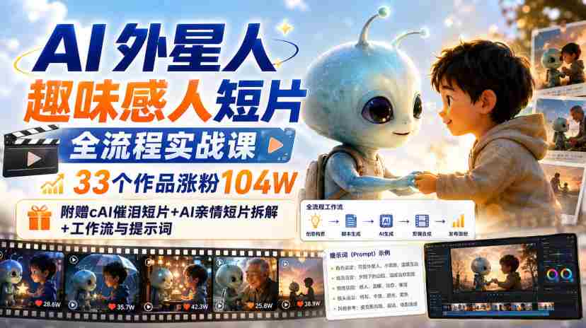 AI外星人趣味感人短片全流程实战课，33个作品涨粉104W，附赠AI催泪短片+AI亲情短片拆解+工作流与提示词-造富网