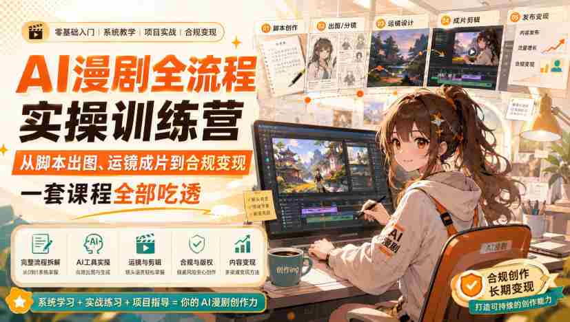 AI漫剧全流程实操训练营,从脚本出图、运镜成片到合规变现,一套课程全部吃透-造富网