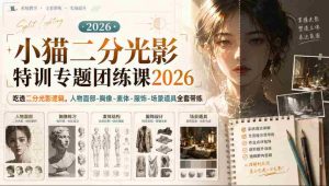 小猫二分光影特训专题团练课2026|吃透二分光影逻辑,人物面部‑胸像‑素体‑服饰‑场景道具全套带练,高清画质附赠课件与笔刷-造富网