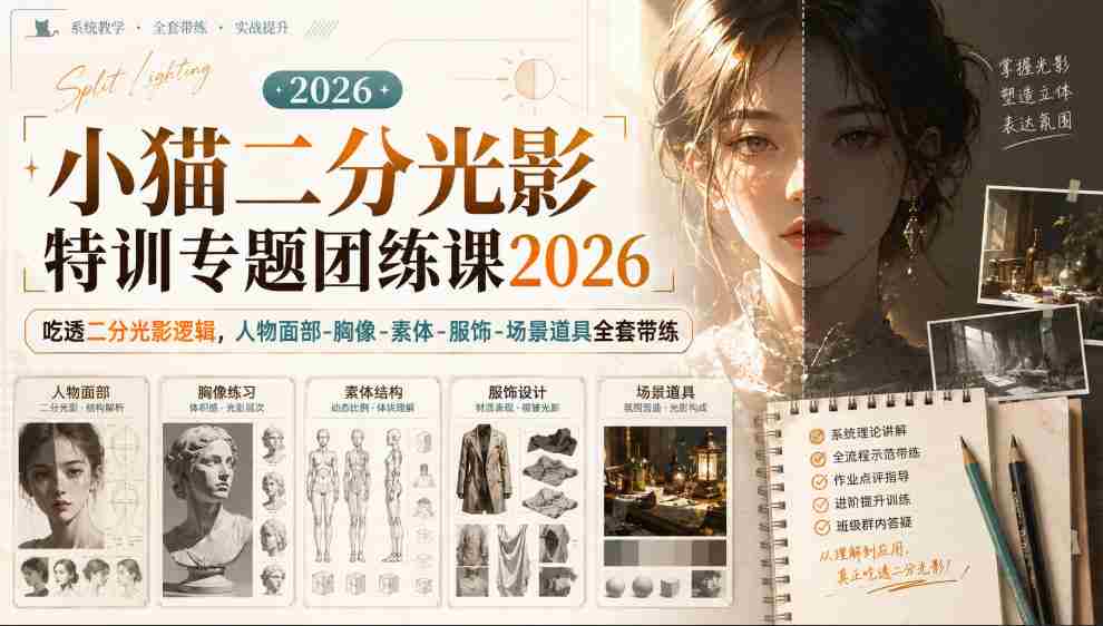 小猫二分光影特训专题团练课2026|吃透二分光影逻辑,人物面部‑胸像‑素体‑服饰‑场景道具全套带练,高清画质附赠课件与笔刷-造富网