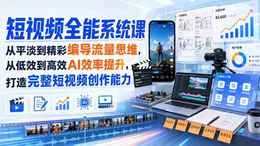 短视频全能系统课，从平淡到精彩编导流量思维，从低效到高效AI效率提升，打造完整短视频创作能力（2026年8月30更新233集）-造富网