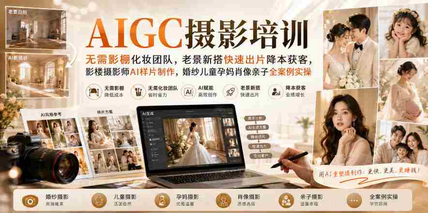 AIGC摄影培训|无需影棚化妆团队,老景新搭快速出片降本获客,影楼摄影师AI样片制作,婚纱儿童孕妈肖像亲子全案例实操-造富网