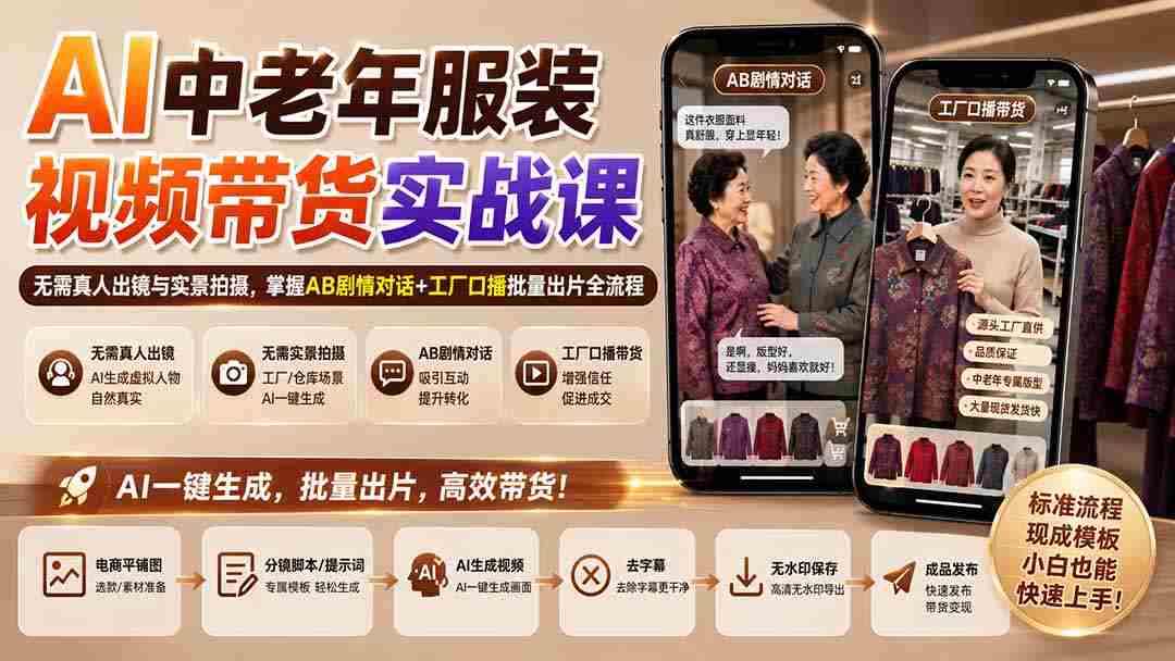 (20198期)AI中老年服装视频带货实战课:无需真人出镜与实景拍摄,掌握AB剧情对话+工厂口播批量出片全流程-造富网