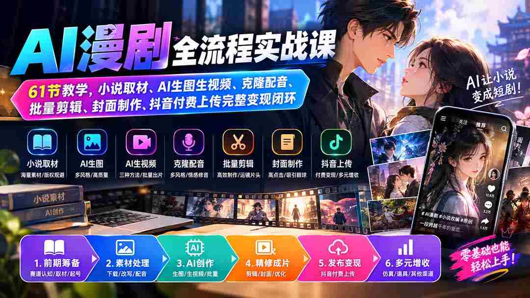 (20199期)AI漫剧全流程实战课|61节教学,小说取材、AI生图生视频、克隆配音、批量剪辑、封面制作、抖音付费上传完整变现闭环-造富网