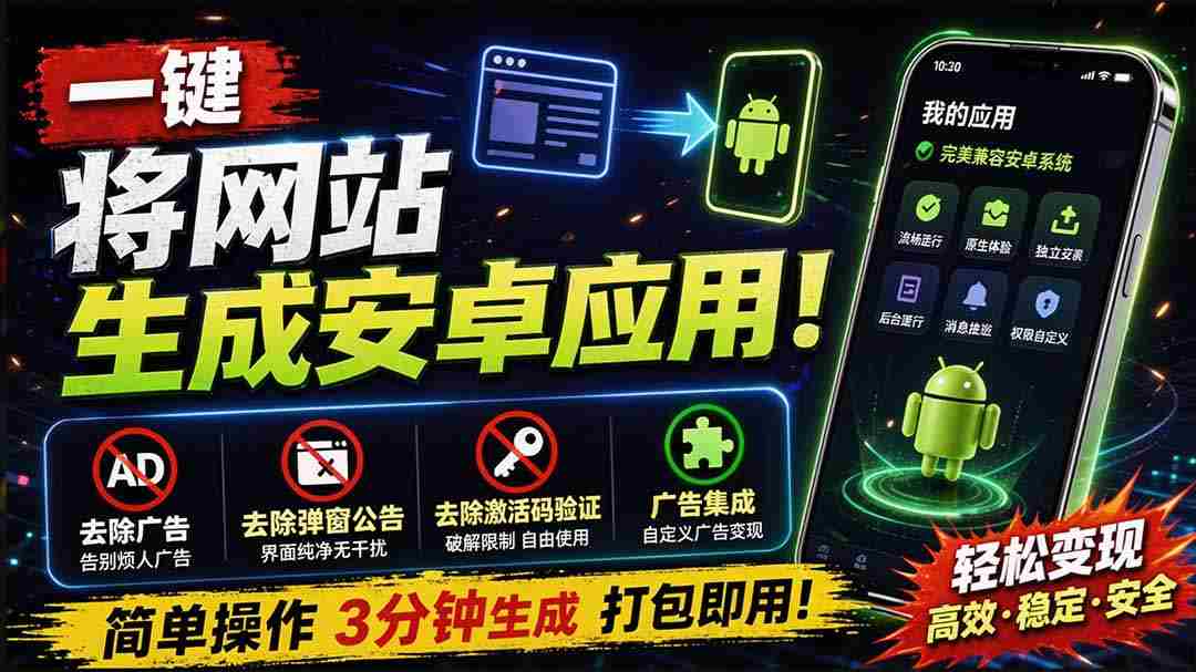 (20305期)目前最好用,一键将网站生成安卓应用!支持去除广告、弹窗公告、激活码验证、广告集成等 web-to-app-造富网