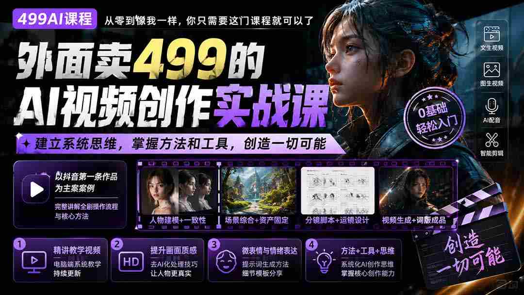 (20307期)外面卖499的AI视频创作实战课:建立系统思维,掌握方法和工具,创造一切可能。-造富网
