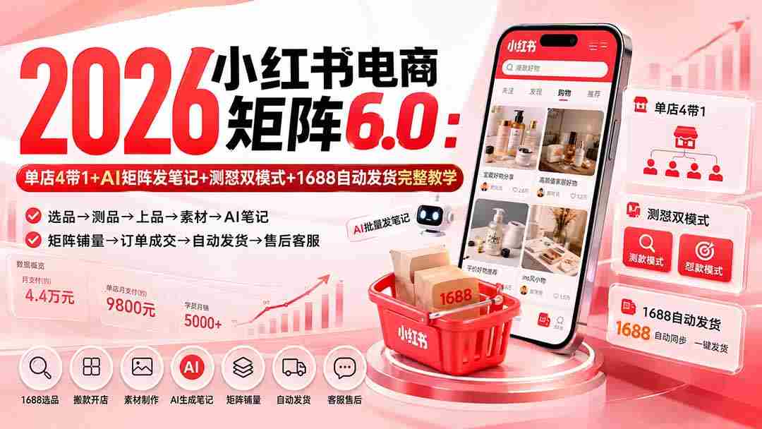 (20310期)2026小红书电商矩阵6.0:单店4带1+AI矩阵发笔记+测怼双模式+1688自动发货完整教学-造富网