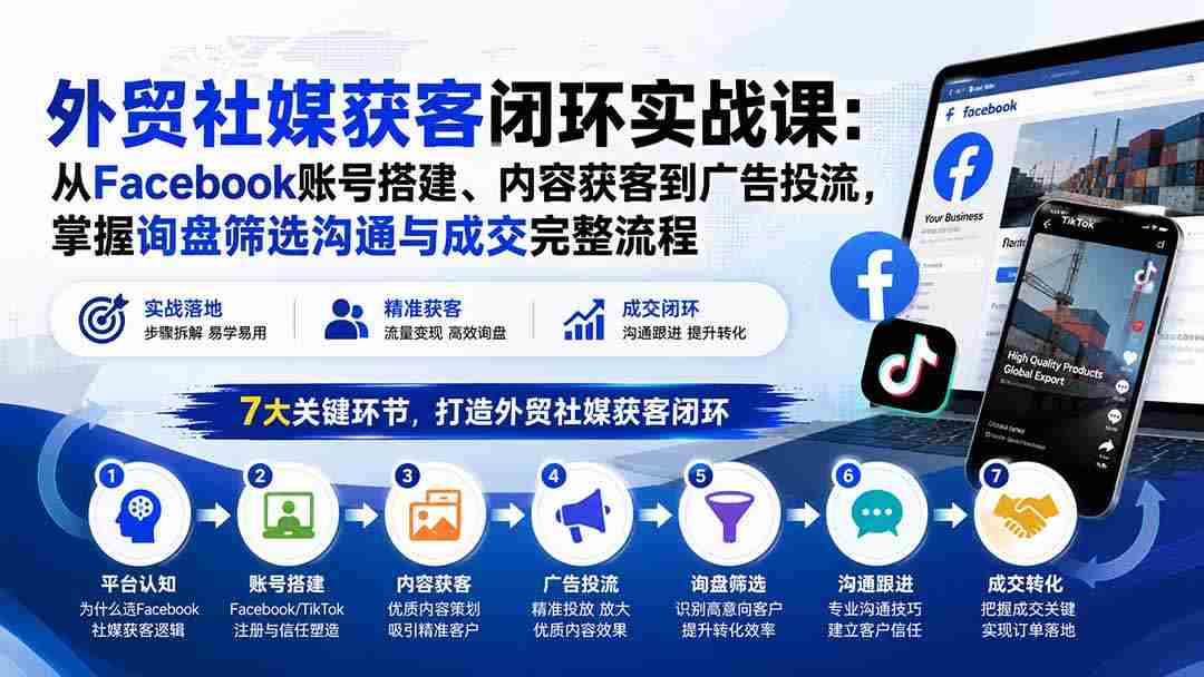 (20218期)外贸社媒获客闭环实战课:从Facebook账号搭建、内容获客到广告投流,掌握询盘筛选沟通与成交完整流程-造富网