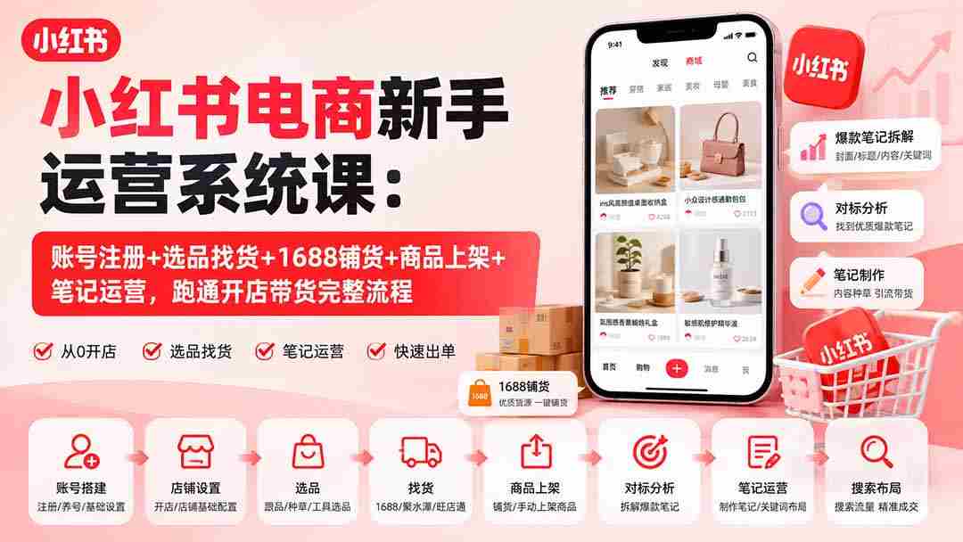 (20219期)小红书电商新手运营系统课:账号注册+选品找货+1688铺货+商品上架+笔记运营,跑通开店带货完整流程-造富网