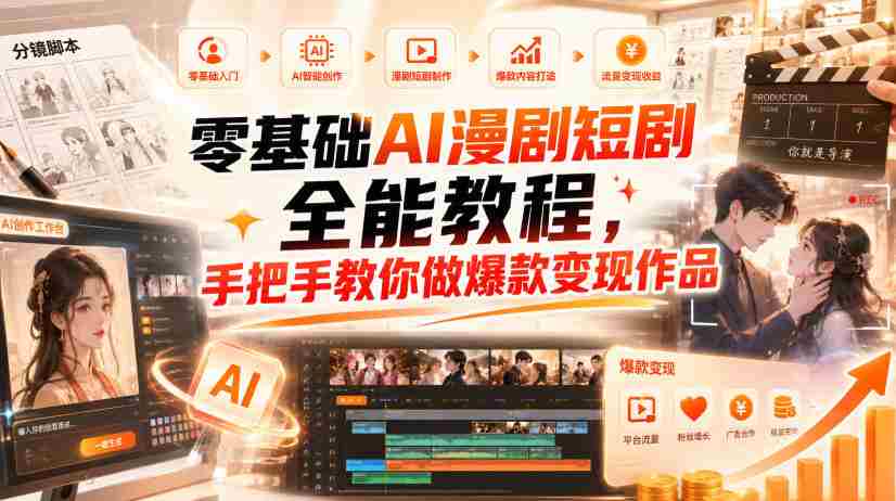 零基础AI漫剧短剧全能教程,从AI智能体搭建、文案脚本分镜、多平台AI生视频、剪映精修,覆盖全题材创作,手把手教你做爆款变现作品-造富网
