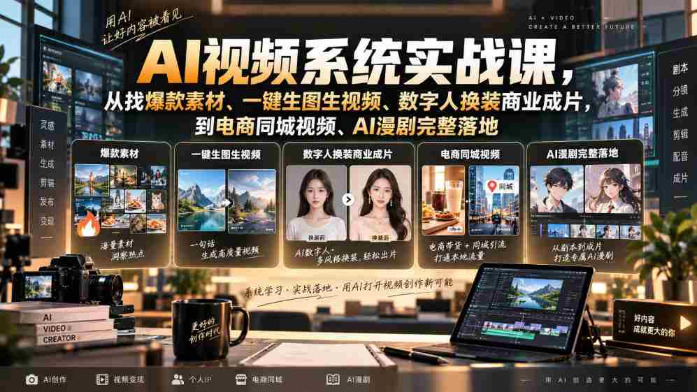 AI视频系统实战课，从找爆款素材、一键生图生视频、数字人换装商业成片，到电商同城视频、AI漫剧完整落地-造富网